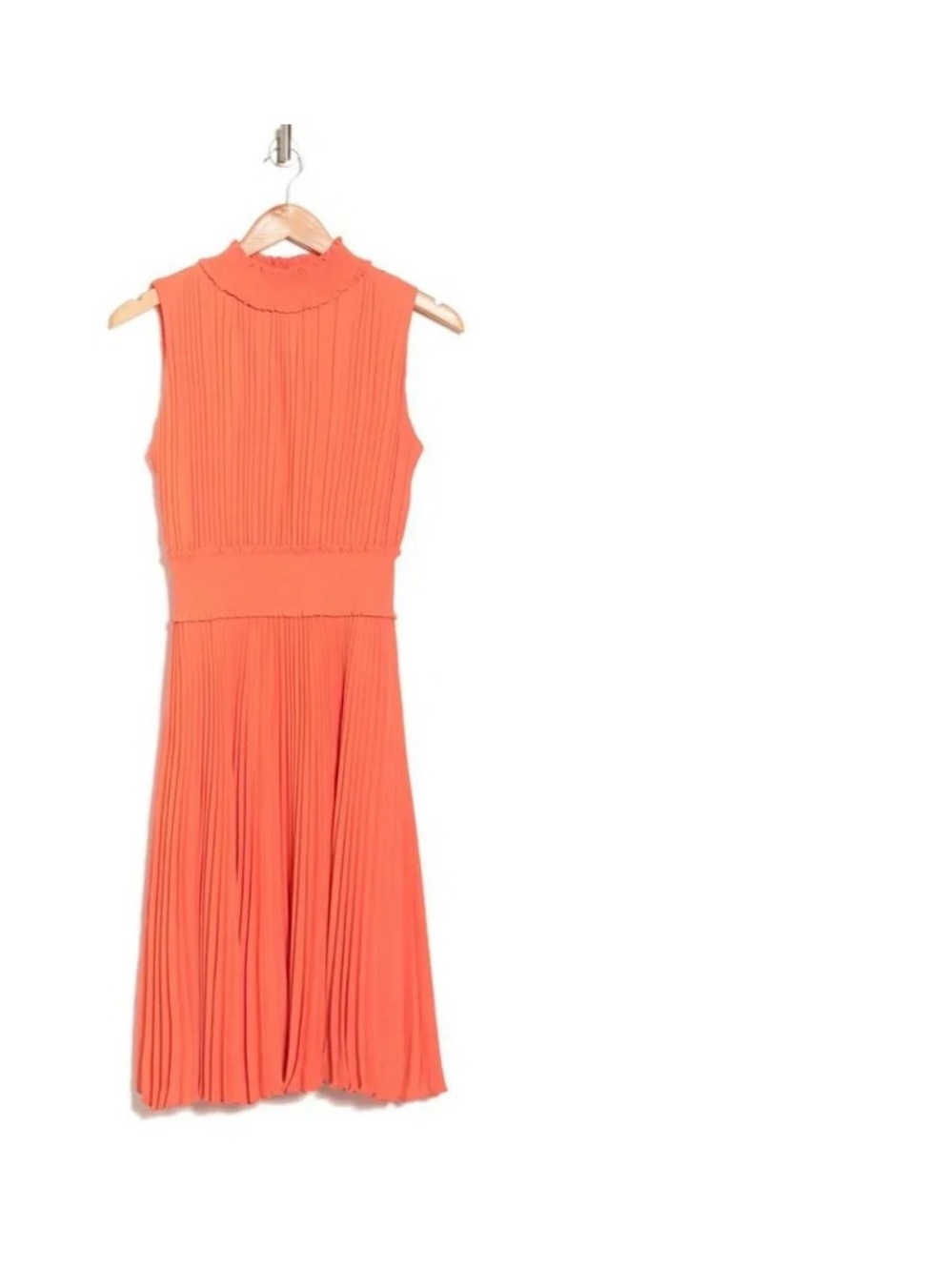 Pleaded high-neck sleeveless midi dress orange